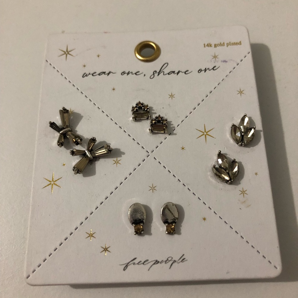 Free People Rhinestone 14k Gold Plated Stud Earring Set